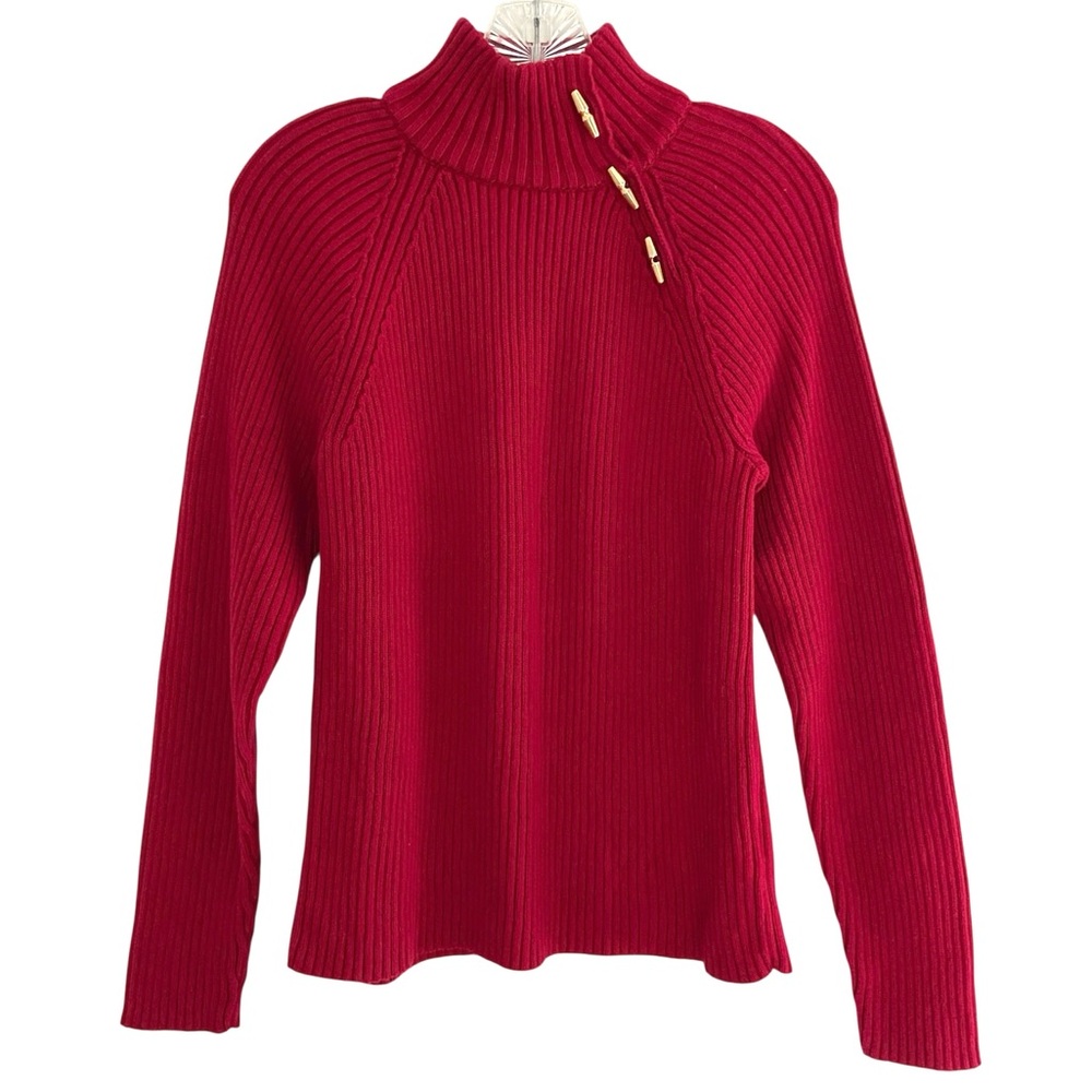 Lauren Ralph Lauren Mock TurtleNeck Sweater Cotton Knit Red Gold Toggle Button L